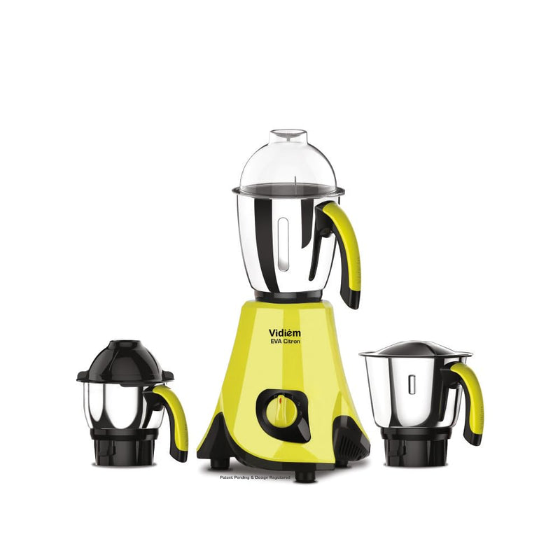 Vidiem Lilly 650W Mixer Grinder (Yellow) | 3 Leakproof Jars with Self-Lock | Wet & Dry Grinding for Spices, Chutneys & C