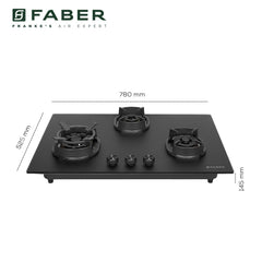 Faber Della 3 Burner 78cm Hob With Auto-Ignition, Brass Burner, Cast Iron Pan Support, Cooktop Hybrid, Matt Black Glass 