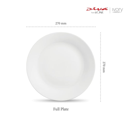 La Opala, Ivory Collection, Opal Glass Full Plate Set 6 pcs, Plainware, White