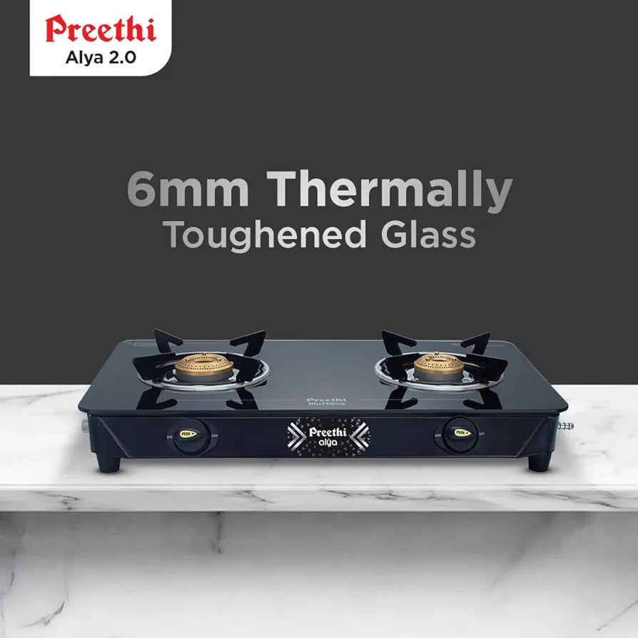 Preethi Alya 2 Burner Glass Top Gas Stove | 5-Year Warranty on Glass & Burners | ISI Certified