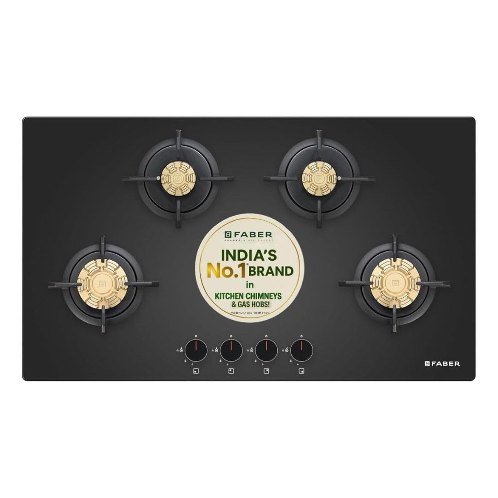 Faber 4 Burner 78Cm HOB |Auto Ignition| HOB PRIME HT784 CRS BR CI AI |Metal Knobs| Cast Iron Pan Support|HOB/Cooktop Hyb