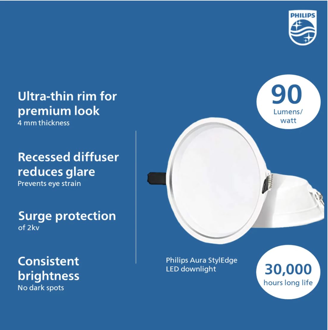 Philips Aura Styledge LED Downlight (Warm White, 7W)