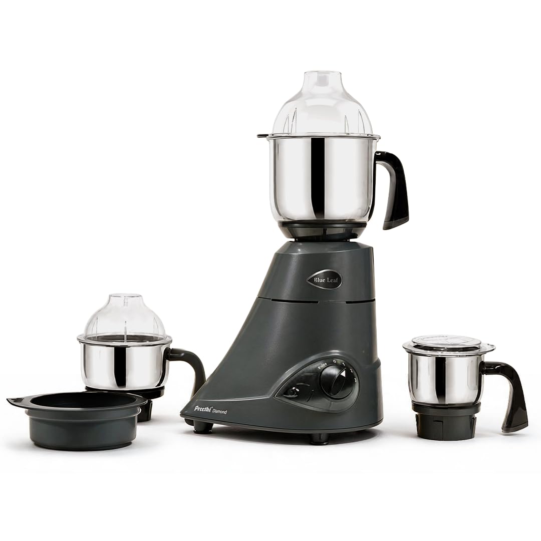 Preethi Blue Leaf Diamond Mixer Grinder, 750 Watt 3 Jars + Flexi Lid, Black