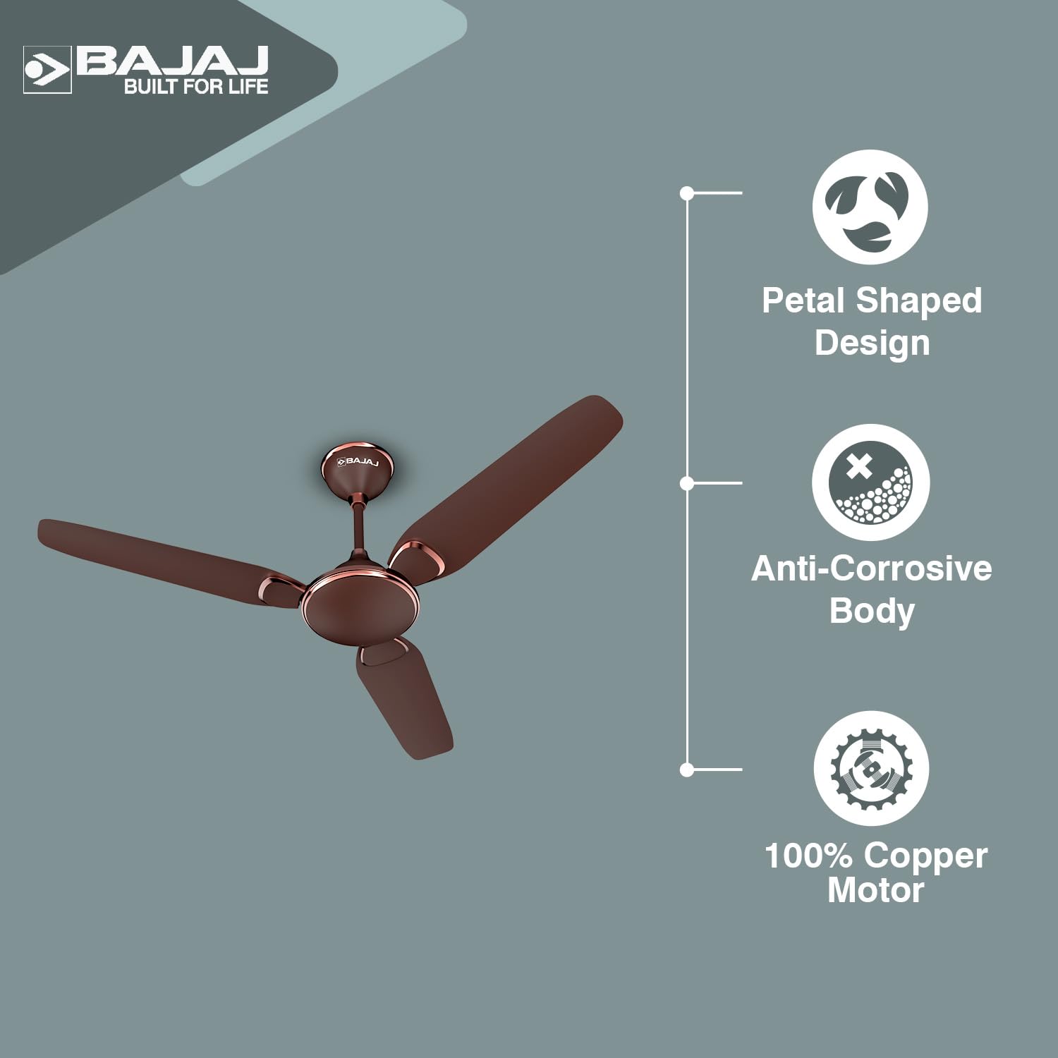Bajaj Trendy EE 1200 Mm Ceiling Fan | Energy Efficient With BEE 1-Star Rated | 2 Years Warranty【Walnut & Rustic Copper 】