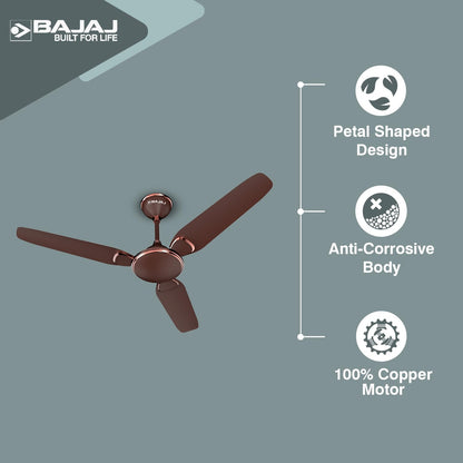 Bajaj Trendy EE 1200 Mm Ceiling Fan | Energy Efficient With BEE 1-Star Rated | 2 Years Warranty【Walnut & Rustic Copper 】