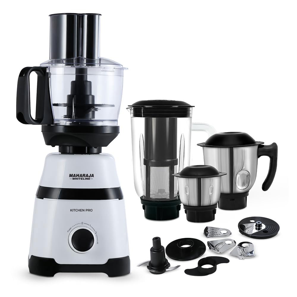 Maharaja Whiteline Kitchen Pro Mixer Grinder With 4 Jar, 800 Watts - Mx-266, 5 Year Warranty On Motor (White & Black)