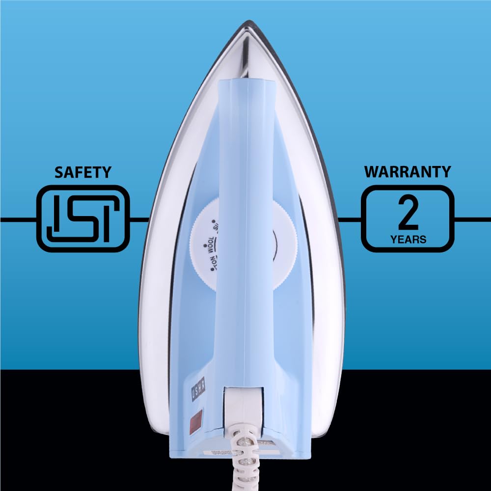 USHA EI 4175-M 750W ULTRA LIGHT WEIGHT ELECTRIC IRON WITH NON STICK PTFE COATED (BLACK WEILBURGER) SOLE PLATE, LIGHT BLUE