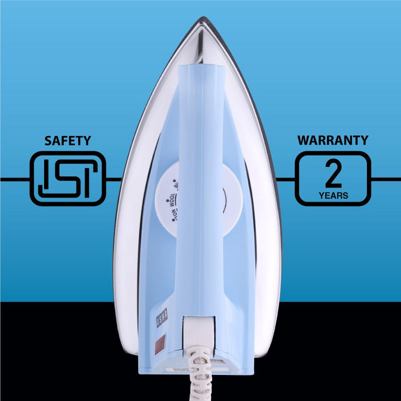 USHA EI 4175-M 750W ULTRA LIGHT WEIGHT ELECTRIC IRON WITH NON STICK PTFE COATED (BLACK WEILBURGER) SOLE PLATE, LIGHT BLUE