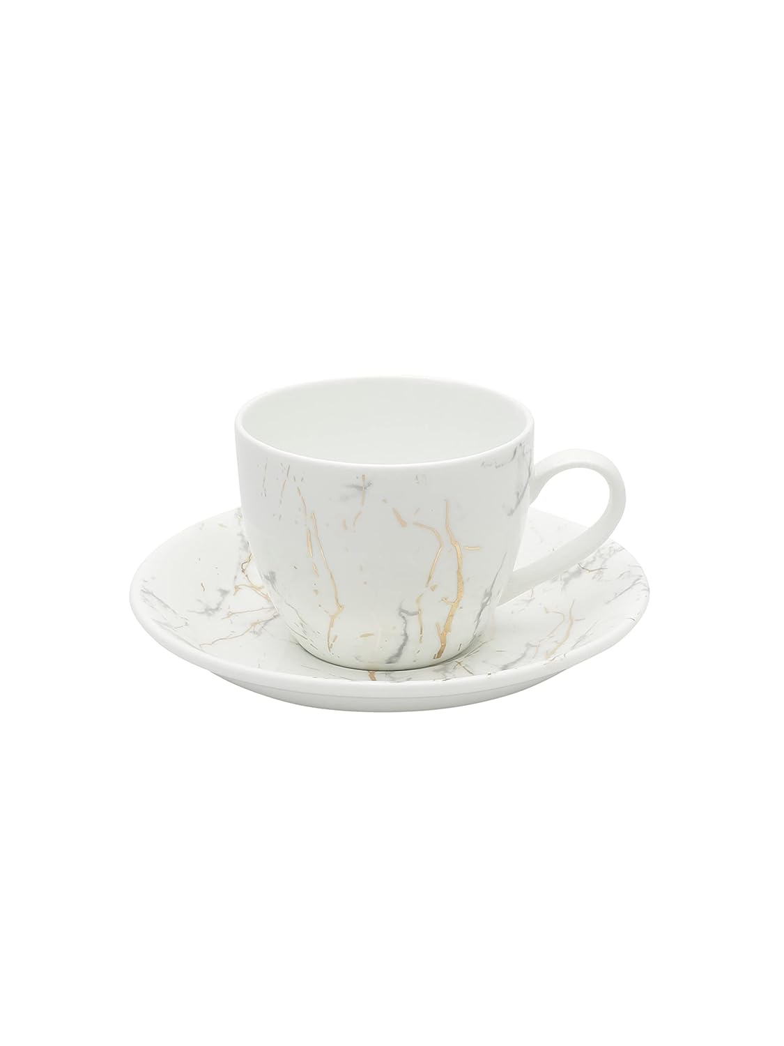 Clay Craft Marble Finish Cup & Saucer Set of 12 (6 Cups + 6 Saucers) - 180 ml Each (White)