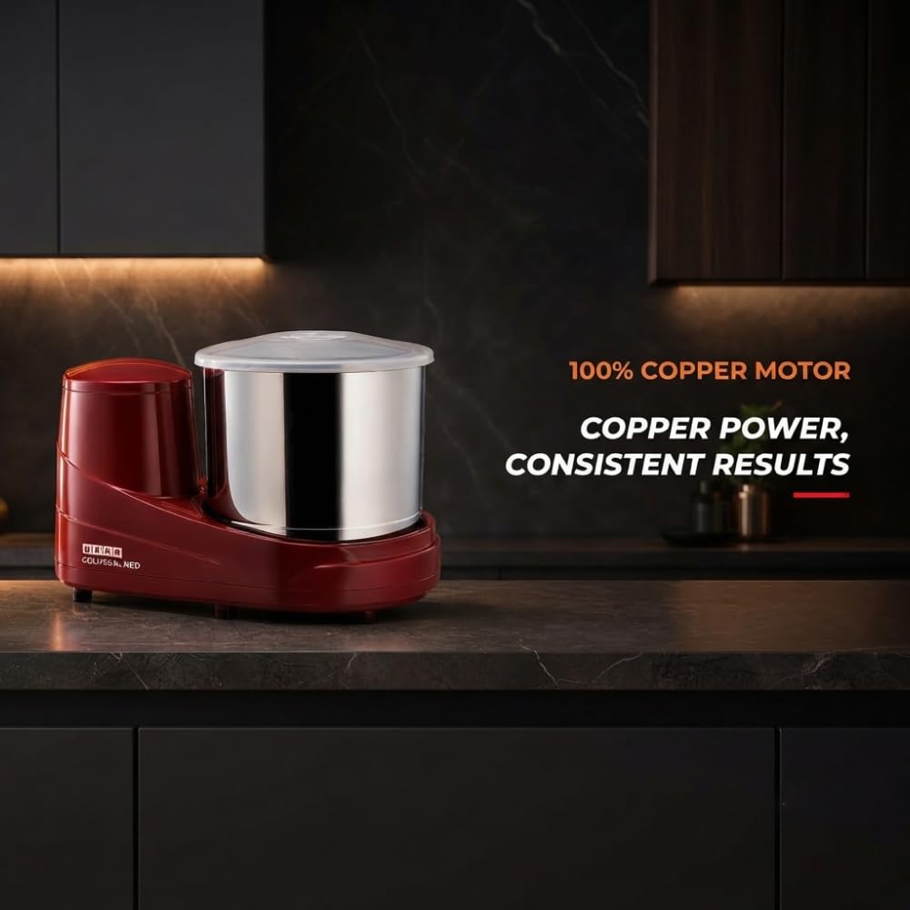 USHA Colossal Neo 2 litres Table-Top Wet Grinder, 150W 100% Copper Motor, Dual Stones, Stainless Steel Drum, 10 Years Warranty on Motor, Free Home Service (Cherry Red)
