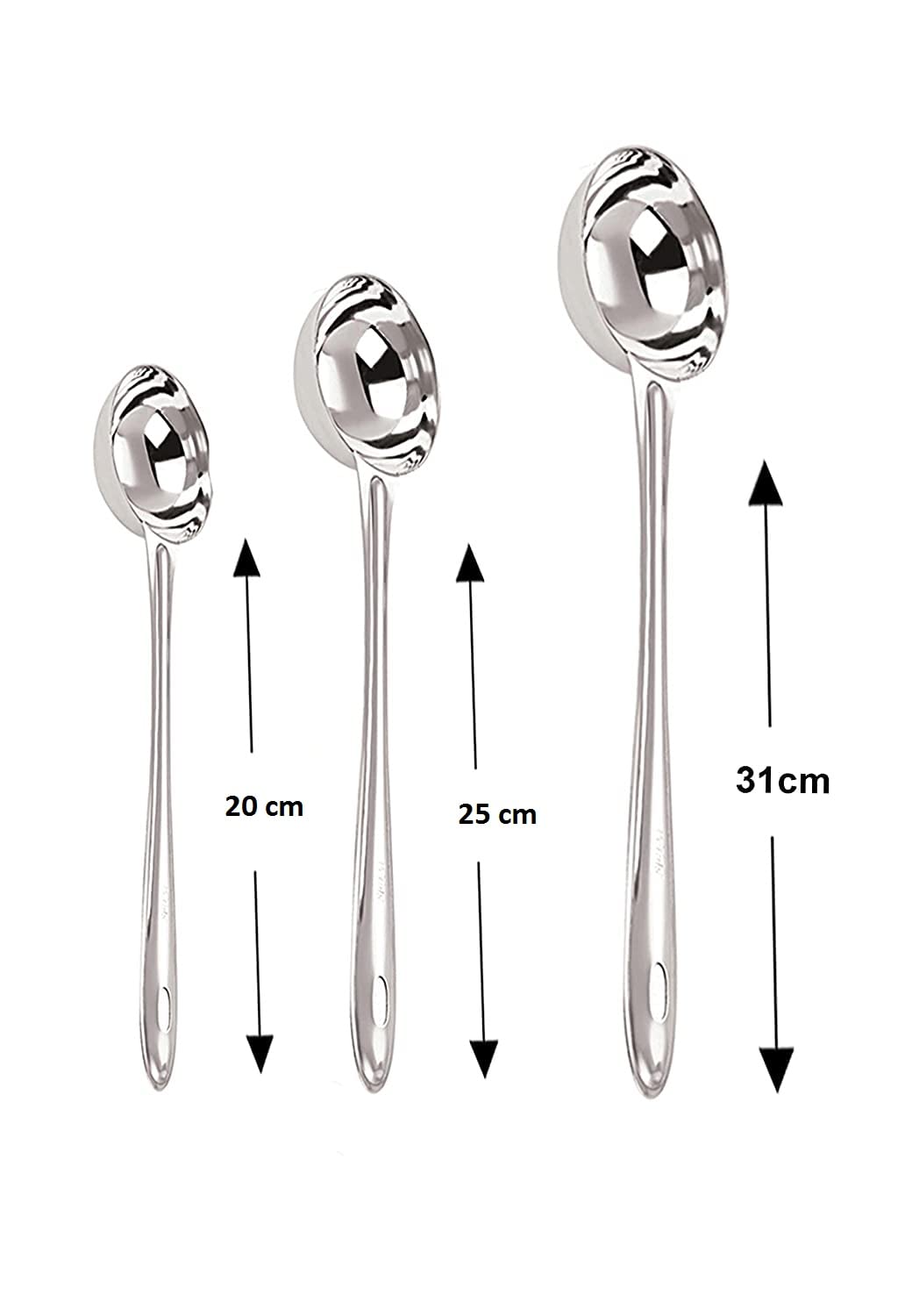 Dynore Stainless Steel Round Shape Chutney Serving Laddles- Set of 3 Size- 31, 25 and 20 cm of Each