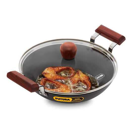 Hawkins Futura 2.5 Litre Fish Fry Kadhai, Hard Anodised Deep Fry Pan with Glass Lid, Round Bottom Kadai, Black (AFFK25G)