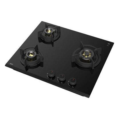 KAFF | ASHFORD Built-in Hob | 3 Burners Auto Electric Ignition 60 CM, Full Brass Burners with Flame Failure Device | 8 MM Thick Toughened Glass Black | ASF 603