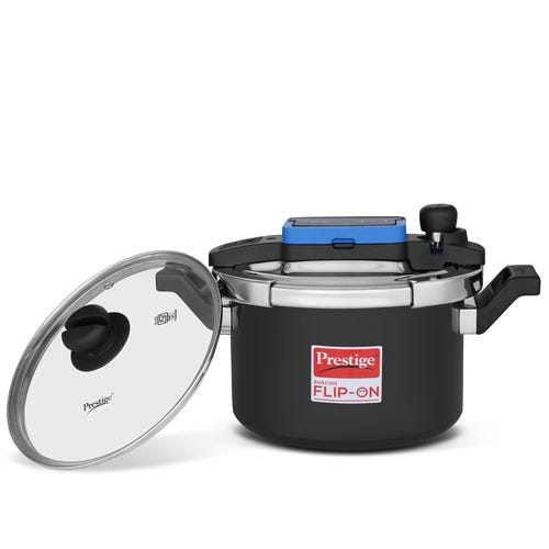 Prestige Svachh Flip-on Hard Anodised Gas and Induction Compatible Pressure Cooker with Glass Lid, (Black)
