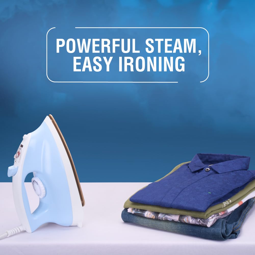 Usha Goliath Spray Tech 1200Watt Dry Iron with Water Spray Feature | Double Coated Golden Non Stick Soleplate for Longer Durability | 360° Swivel Cord | 2 Years Warranty | (Blue & White)