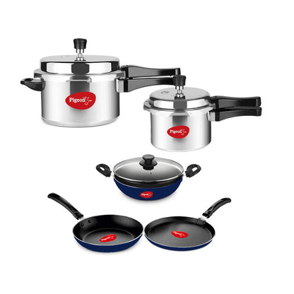 Pigeon by Stovekraft Induction Base 4-in-1 Starter Kit, Silver, Aluminium (Pressure Cooker, Pressure Pan, Tawa, and Kadhai Set)