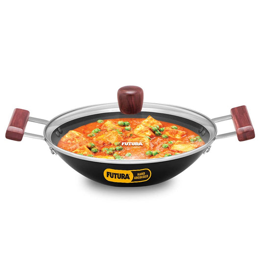 Hawkins Futura 2 Litre Deep Fry Pan, Hard Anodised Kadai with Glass Lid, Flat Bottom Kadhai, Black (AD20G)