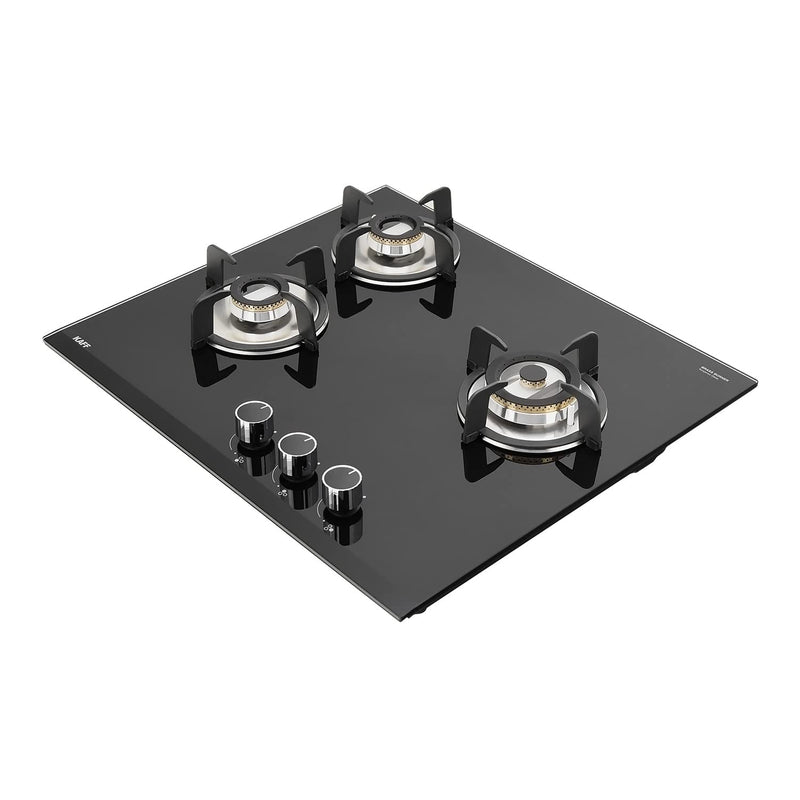KAFF Built-in Hob/Hobtop 3 Burners with Auto Electric Ignition Glass Top, 60 CM, Brass Burners, Matt Enameled Pan Support, 8 MM Thick Toughened Glass (Black) | VRH 603