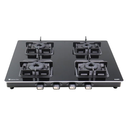 KAFF Gas Stove/Cooktop 4 Burners 63 CM, Black Coated Brass Burners, Decorative SS Moulded Strip on All Sides for Edge Protection Integrated Flame Protector Black | CTQ634B