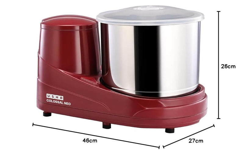 USHA Colossal Neo 2 litres Table-Top Wet Grinder, 150W 100% Copper Motor, Dual Stones, Stainless Steel Drum, 10 Years Warranty on Motor, Free Home Service (Cherry Red)