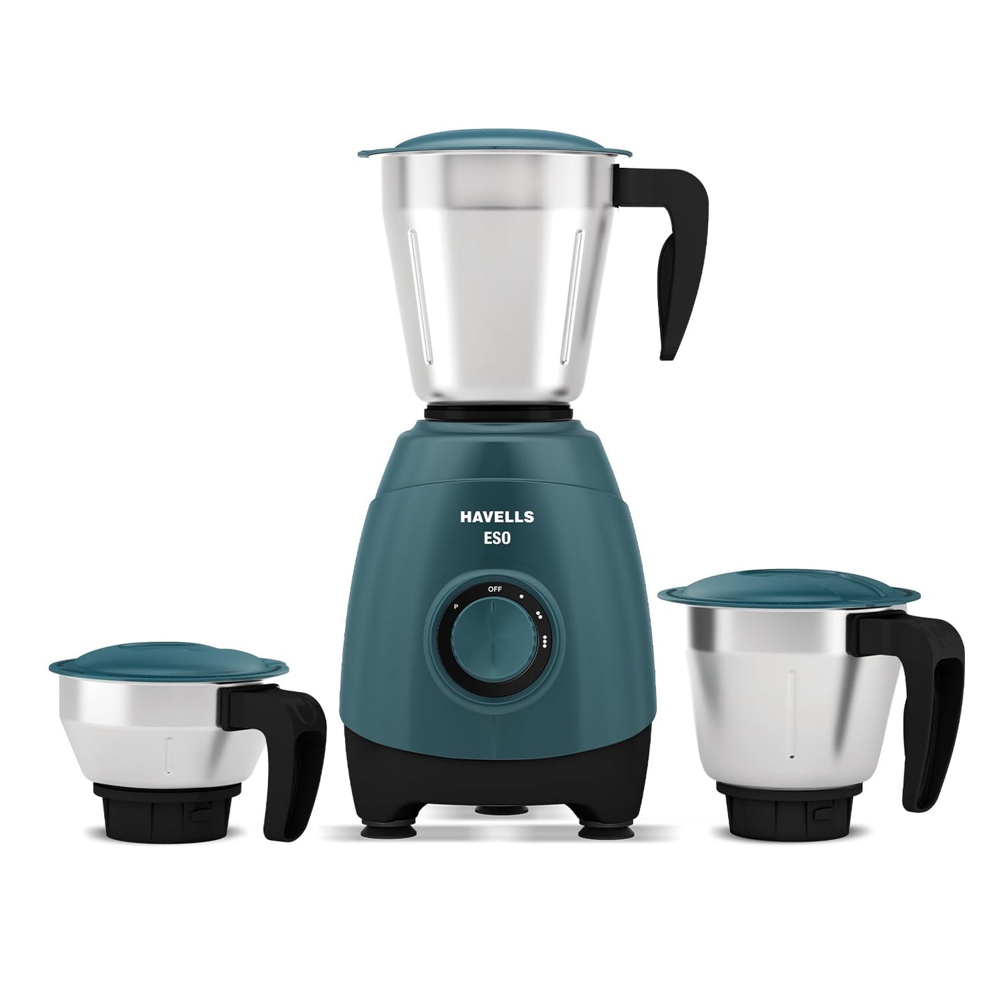 Havells ESO 750 Watt Mixer Grinder | 4 Jars (3 Stainless Steel + 1 Juicer Jar) | Heavy-Duty ABS Body | Powerful Motor | Wider Mouth Blades | Handles on All Jars | 2-Year Product Warranty (Teal)