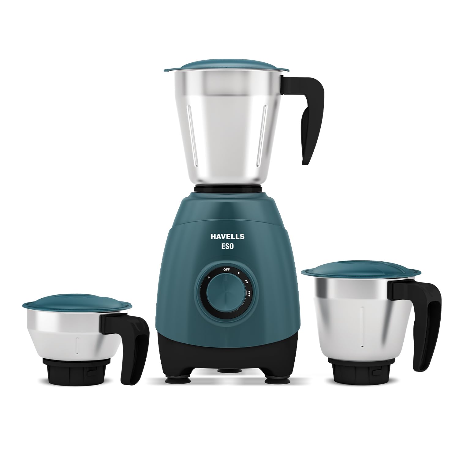 Havells ESO 750 Watt Mixer Grinder | 4 Jars (3 Stainless Steel + 1 Juicer Jar) | Heavy-Duty ABS Body | Powerful Motor | Wider Mouth Blades | Handles on All Jars | 2-Year Product Warranty (Teal)