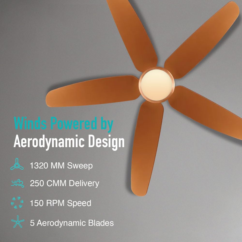 KUHL Luxus C5 1320mm Stylish 65% Power Saving BLDC Ceiling Fan with Remote |Night & Down Light | 29W | BEE 5 Star | Low Noise | IoT Operate via Mobile & Alexa | Reverse Mode |Free Installation|Copper
