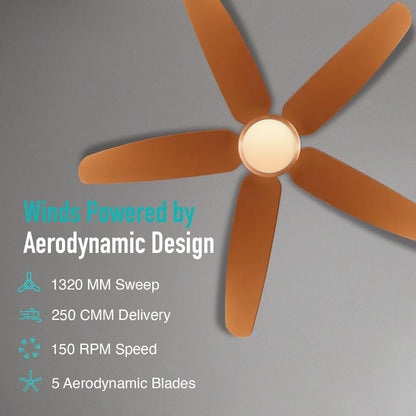 KUHL Luxus C5 1320mm Stylish 65% Power Saving BLDC Ceiling Fan with Remote |Night & Down Light | 29W | BEE 5 Star | Low Noise | IoT Operate via Mobile & Alexa | Reverse Mode |Free Installation|Copper