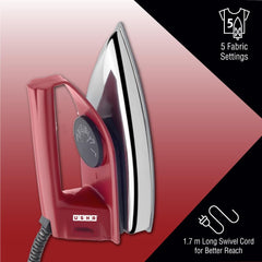 USHA EI 4175-M 750W ULTRA LIGHT WEIGHT ELECTRIC IRON WITH NON STICK PTFE COATED (BLACK WEILBURGER) SOLE PLATE, MAROON