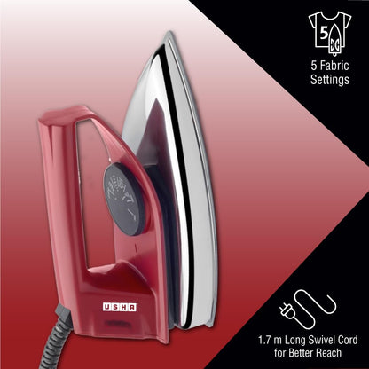 USHA EI 4175-M 750W ULTRA LIGHT WEIGHT ELECTRIC IRON WITH NON STICK PTFE COATED (BLACK WEILBURGER) SOLE PLATE, MAROON