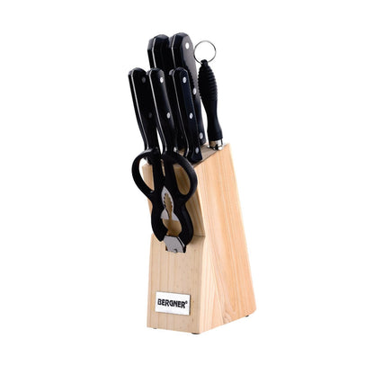BERGNER Olive Garden Stainless Steel 7 Pcs Knife Set, Kitchen Knife Set of Chef Knife, Santoku Knife, Carving Knife, Utility Knife, Paring Knife, Scissor with Wooden Block, Durable, Soft Touch Handle
