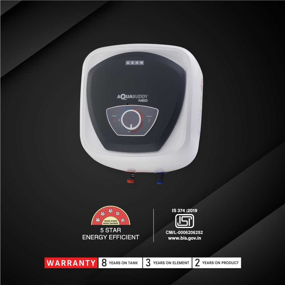 USHA AquaBuddy Neo Geyser 10 Litre 5 Star BEE Rating | Copper Heating Element | Storage Water Heater with Anti-Rust Protection | Warranty: 8 Yr Tank, 2 Yr Product