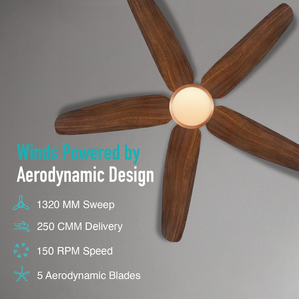 KUHL Luxus C5 1320mm Stylish 65% Power Saving BLDC Ceiling Fan with Remote | Night & Down Light|29W| BEE 5 Star | Low Noise | IoT –Operate via Mobile & Alexa | Reverse Mode | Free Installation|Teak