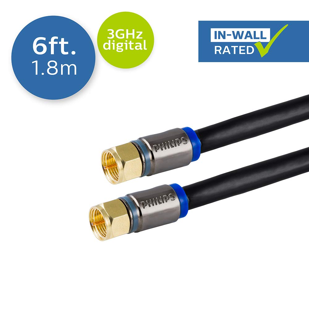 Philips RG6 Quad Shield Coaxial Cable, 6 ft. in-Wall Rated, Ideal for TV Antenna DVR Satellite Cable (SWX9444B/27)