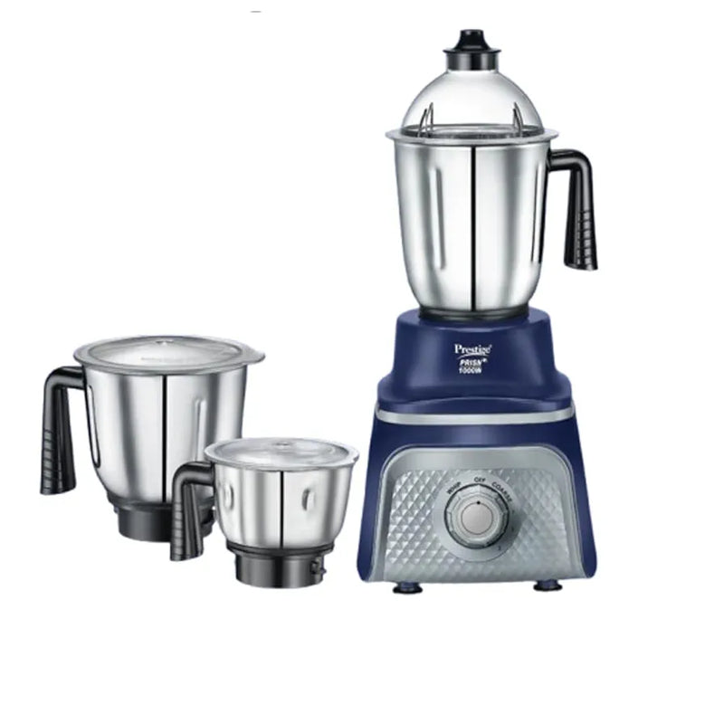 Prestige Prism Plus 1000W Mixer Grinder 3 Stainless Steel Jars|3 super efficient blades|4 Speed Control|Unique Coarse Grinding Mode|Blue