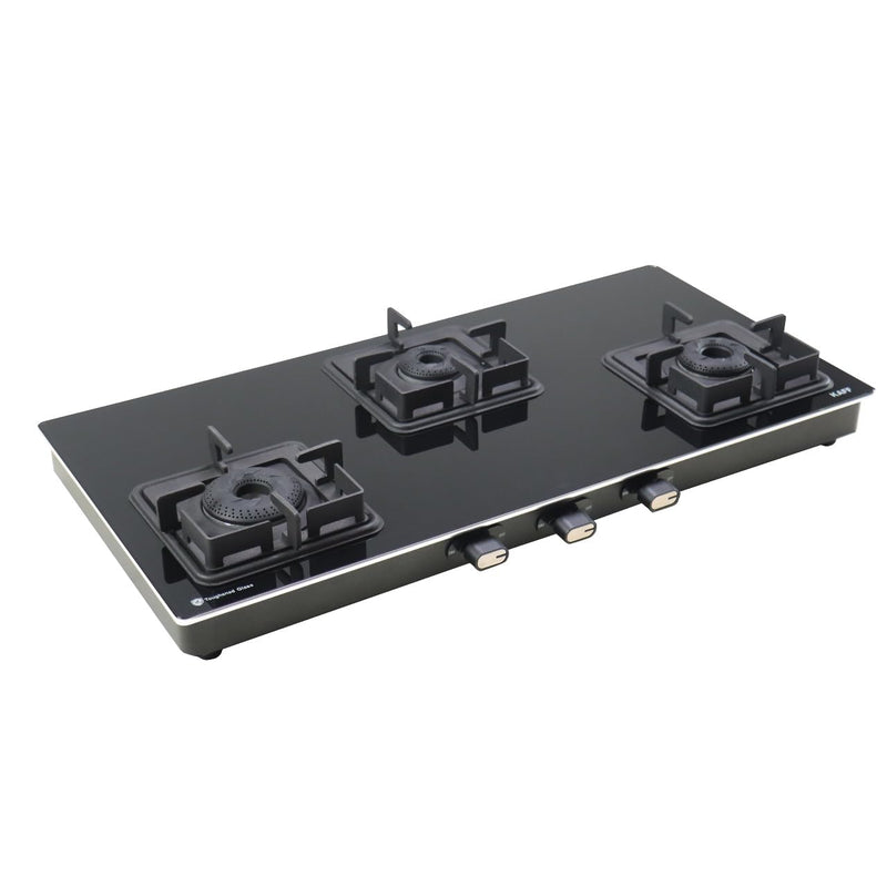 Kaff 77 cm, 3 Brass Burners Built-in Glass Cooktop | Black Toughened Glass with SS Edge Protection | Metal Knobs | | Mat