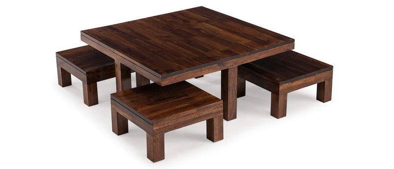 Solid Wood Coffee Table Set | Dreamer Solid Wood Coffee Table with 4 Stools (Finish Color - Teak