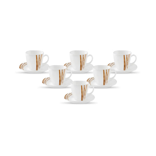 La Opala Diva, Quadra Collection, Opal Glass Cup & Saucer Set 12 pcs, Golden Shades, White, Standard