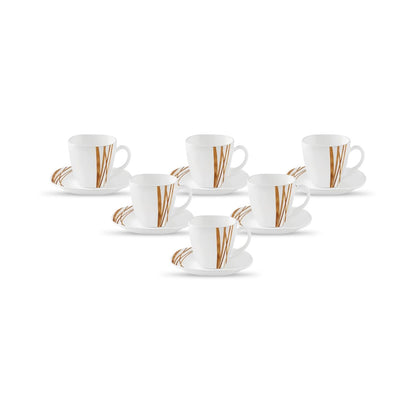 La Opala Diva, Quadra Collection, Opal Glass Cup & Saucer Set 12 pcs, Golden Shades, White, Standard
