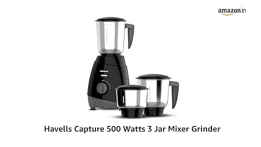 Havells Capture 500W Mixer Grinder 3 Stainless Steel Jars | 21000 RPM High-Speed Motor | Rust-Resistant 304 SS Blades | 1.5L Large Blending Jar | Overheat Protection | 1-Year Warranty (Black)