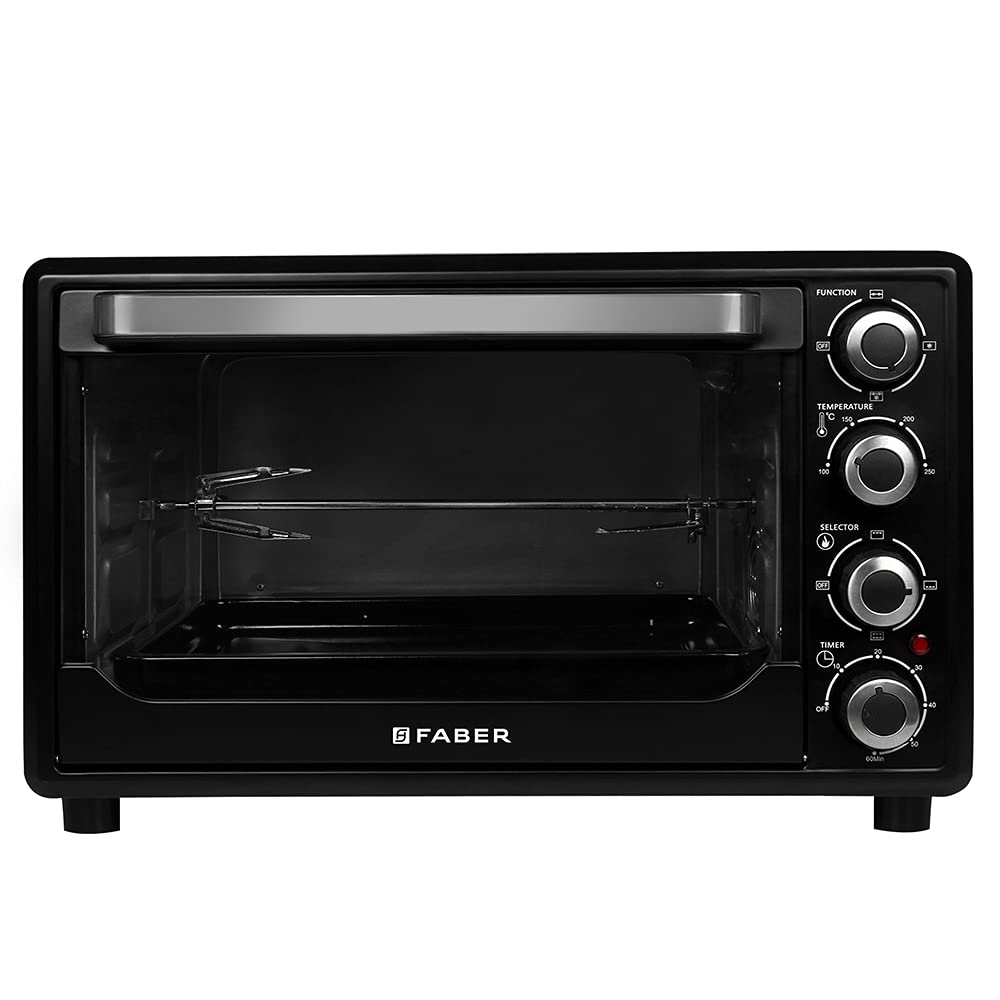 Faber 45L 2000W OTG | Bake, Toast, Roast, Grill | 4 Heating Functions, Upper & Lower Heating, Rottisserie, 360° Convection| Indicator Light, Auto Shut-Off, Ready Bell | Removable Crumb Tray | (Black)