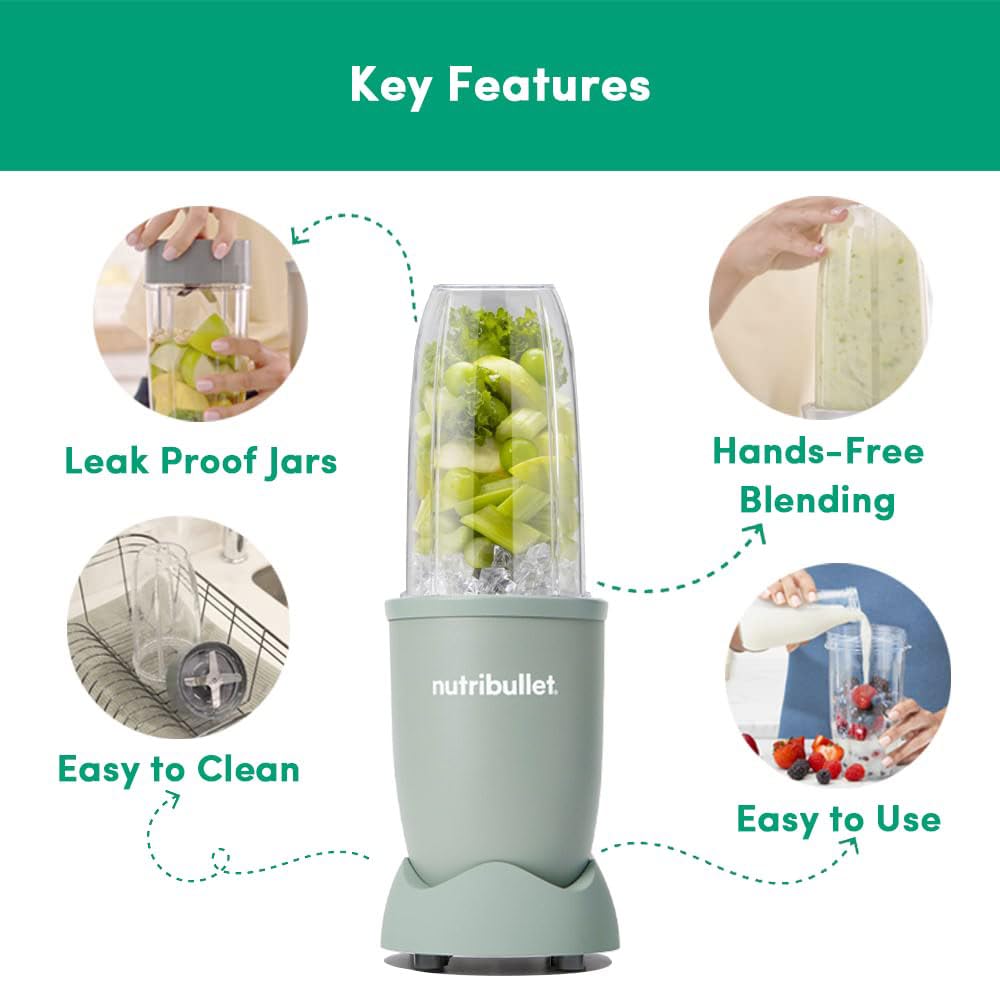 NutriBullet PRO 900W Blender Mixer Grinder(Jade), 12-Piece Set with 3 Unbreakable Jars & Wet/Dry Blade Set, USA’s #1 Smoothie Maker, Food Processor