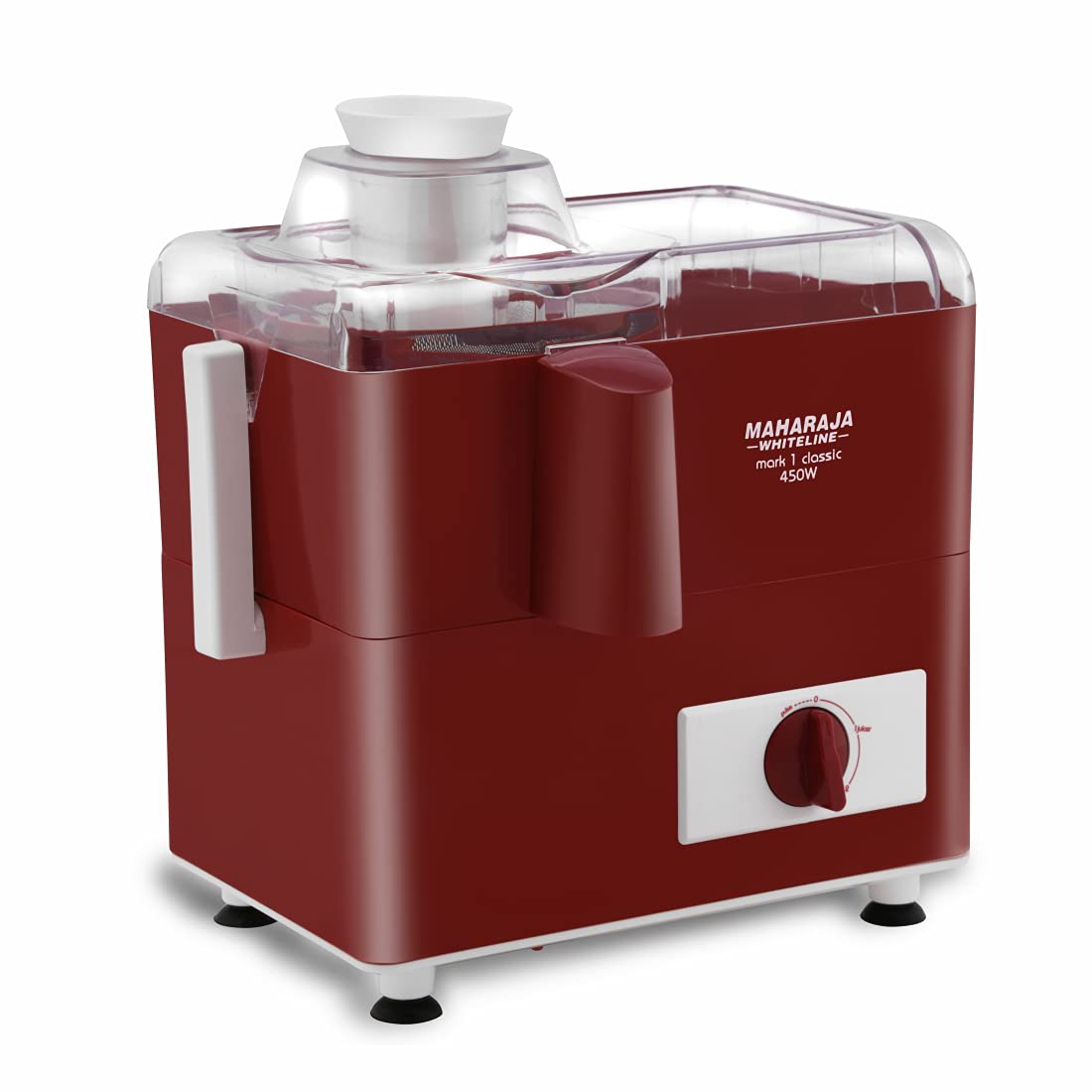 Maharaja Whiteline Mark 1 Classic Juice Extractor, 450 Watt, Cherry Red & White, Superior Stainless Steel Mesh And Juice Cutter, Medium (Mark-1 Classic/Je-106), 450 Watt