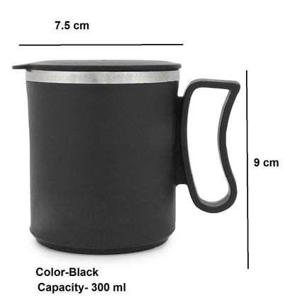 Dynore Stainless Steel Insulated 1 Pc Double Walled Plastic Covered Air Tight Travel Tea/Coffee Mug with Lid- Black