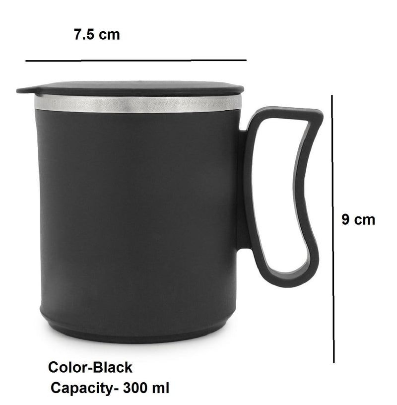 Dynore Stainless Steel Insulated 1 Pc Double Walled Plastic Covered Air Tight Travel Tea/Coffee Mug with Lid- Black