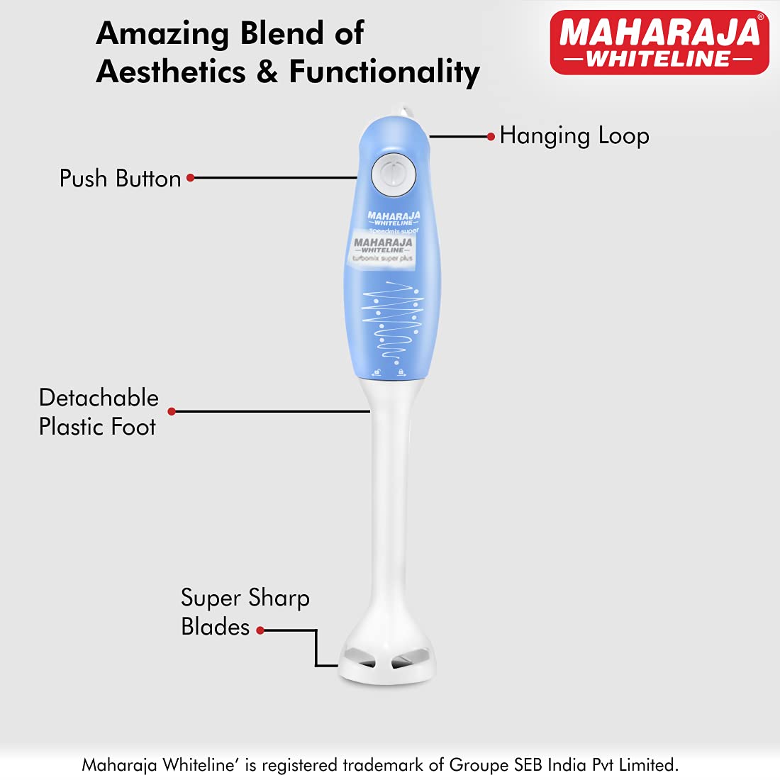Maharaja Whiteline Hb-129 175 Watt Hand Blender, Stainless Steel Blades, Long Lasting Performance With 175W Motor, Detachable Anti Splash Plastic Foot (Blue And White, 175 Watt)