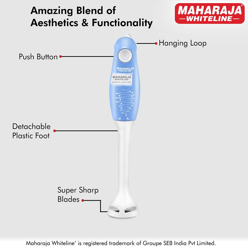 Maharaja Whiteline Hb-129 175 Watt Hand Blender, Stainless Steel Blades, Long Lasting Performance With 175W Motor, Detachable Anti Splash Plastic Foot (Blue And White, 175 Watt)