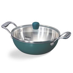 Hawkins Olive Pro 2.5 Litre Deep-Fry Pan, Triply Stainless Steel Kadhai with Stainless Steel Handles and Glass Lid, Green (POSK25G)