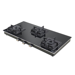 Kaff 77 cm, 3 Brass Burners Built-in Glass Cooktop | Black Toughened Glass with SS Edge Protection | Metal Knobs | | Mat
