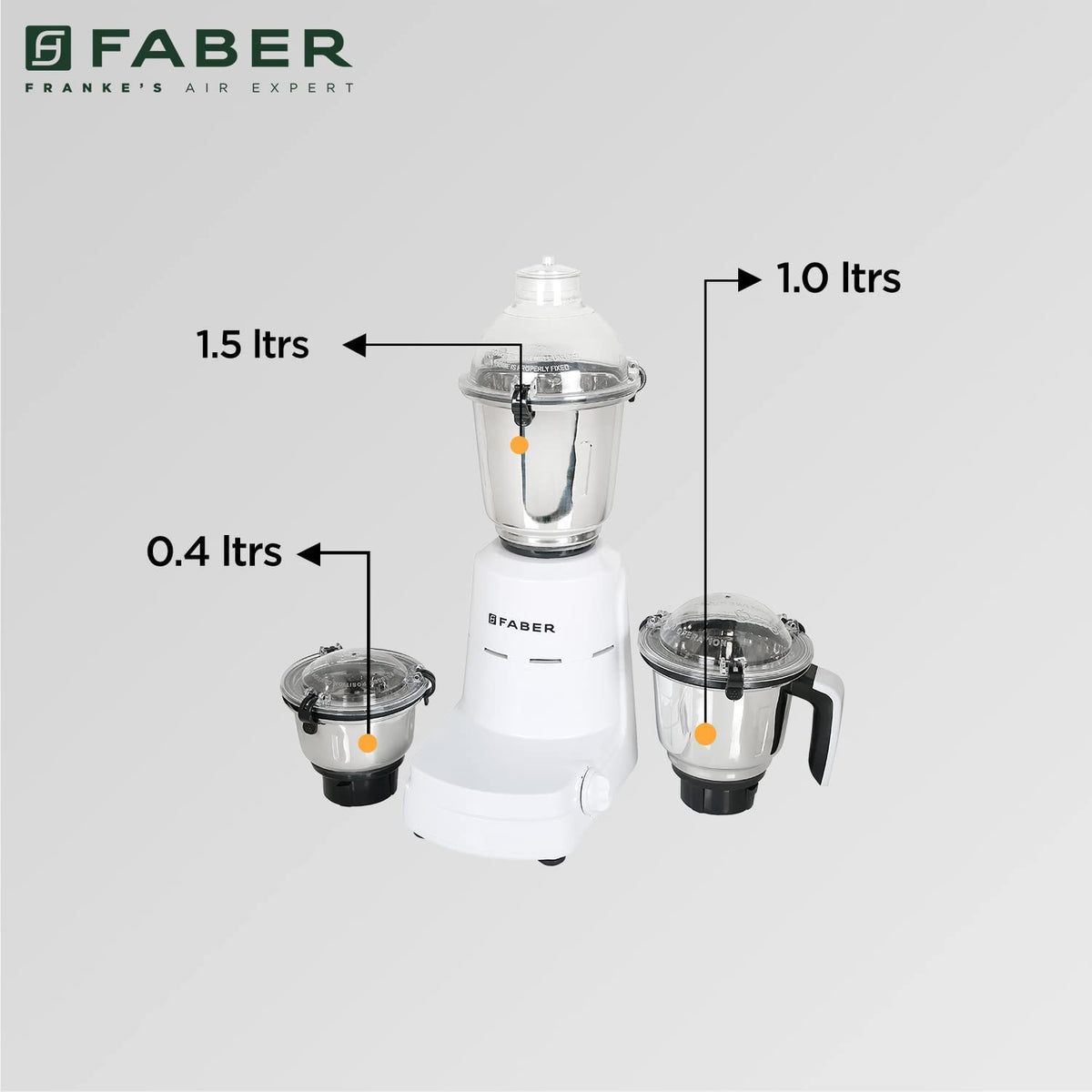 Faber Vogue 600W Blender Mixer Grinder, 3 SS Clip Lock Jars and Blades || Low-Noise Copper Motor, up to 19000 RPM Speed 